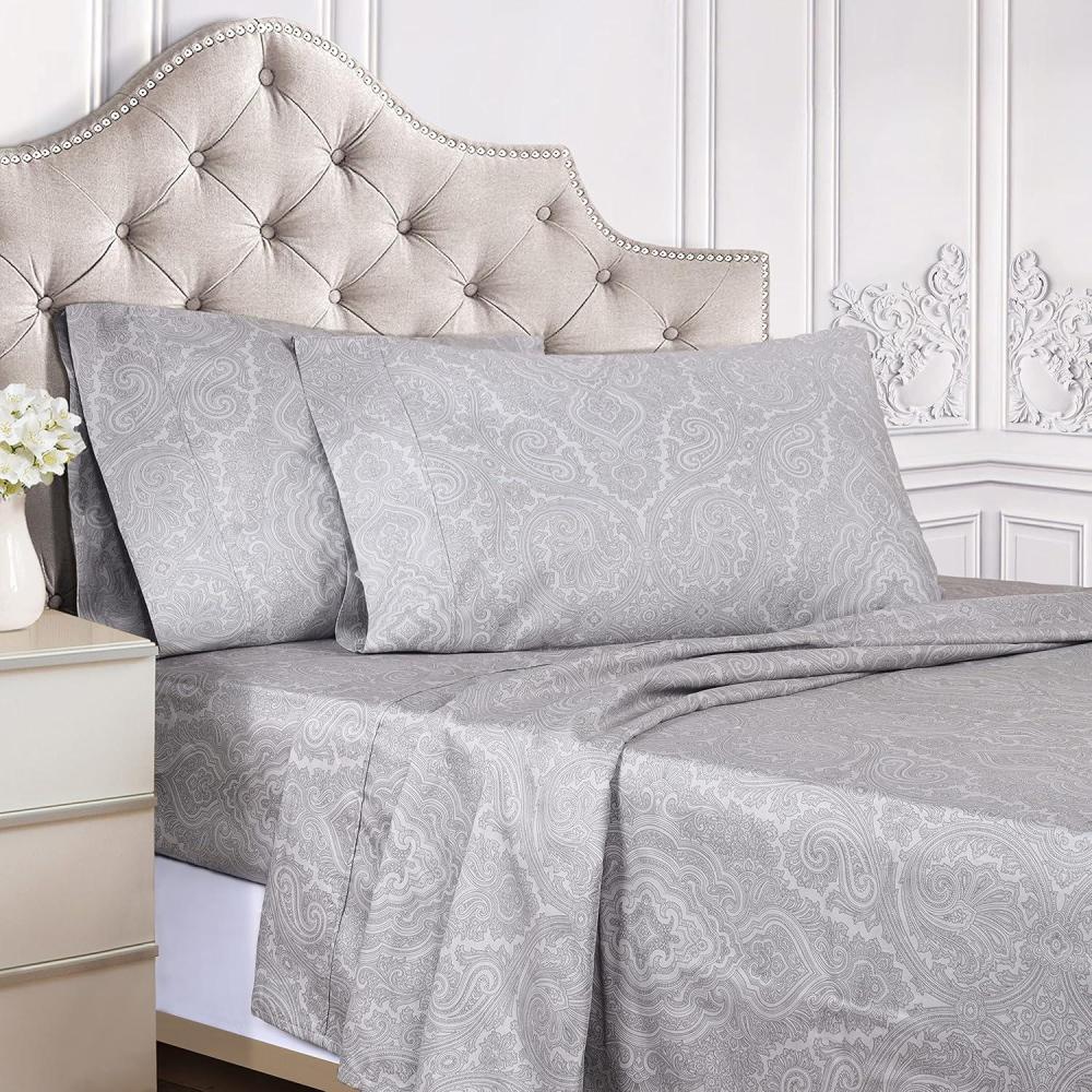 imageSUPERIOR Cotton Blend Bed Sheet Set Italian Paisley Design Includes 1 Fully Elastic Deep Pocket Fitted Sheet 1 Flat Sheet 2 Pillowcases Sateen Weave Full GreyGrey