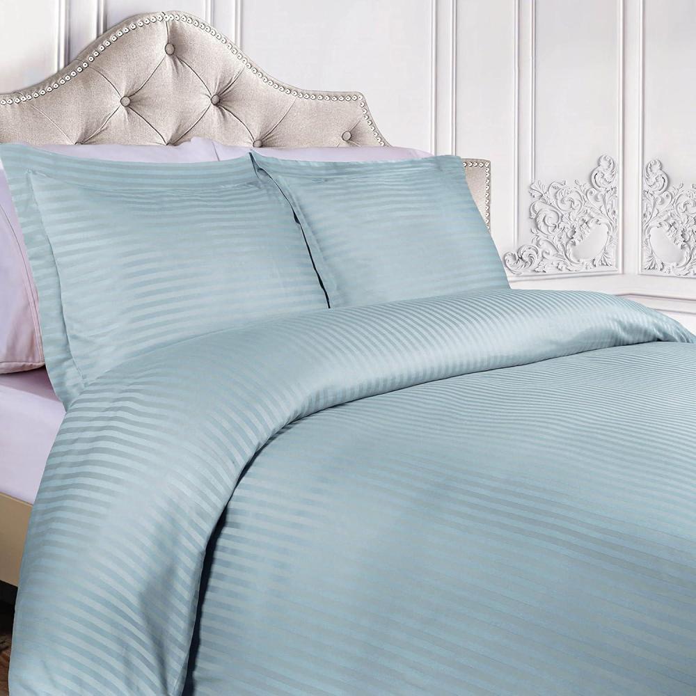 imageSuperior 100 Egyptian Cotton 300 Thread Count Striped Duvet Cover Set Sateen Weave 1 Duvet Cover with Button Closure 1 Pillow Sham Lightweight Bedding KingCalifornia King Hunter GreenLight Blue