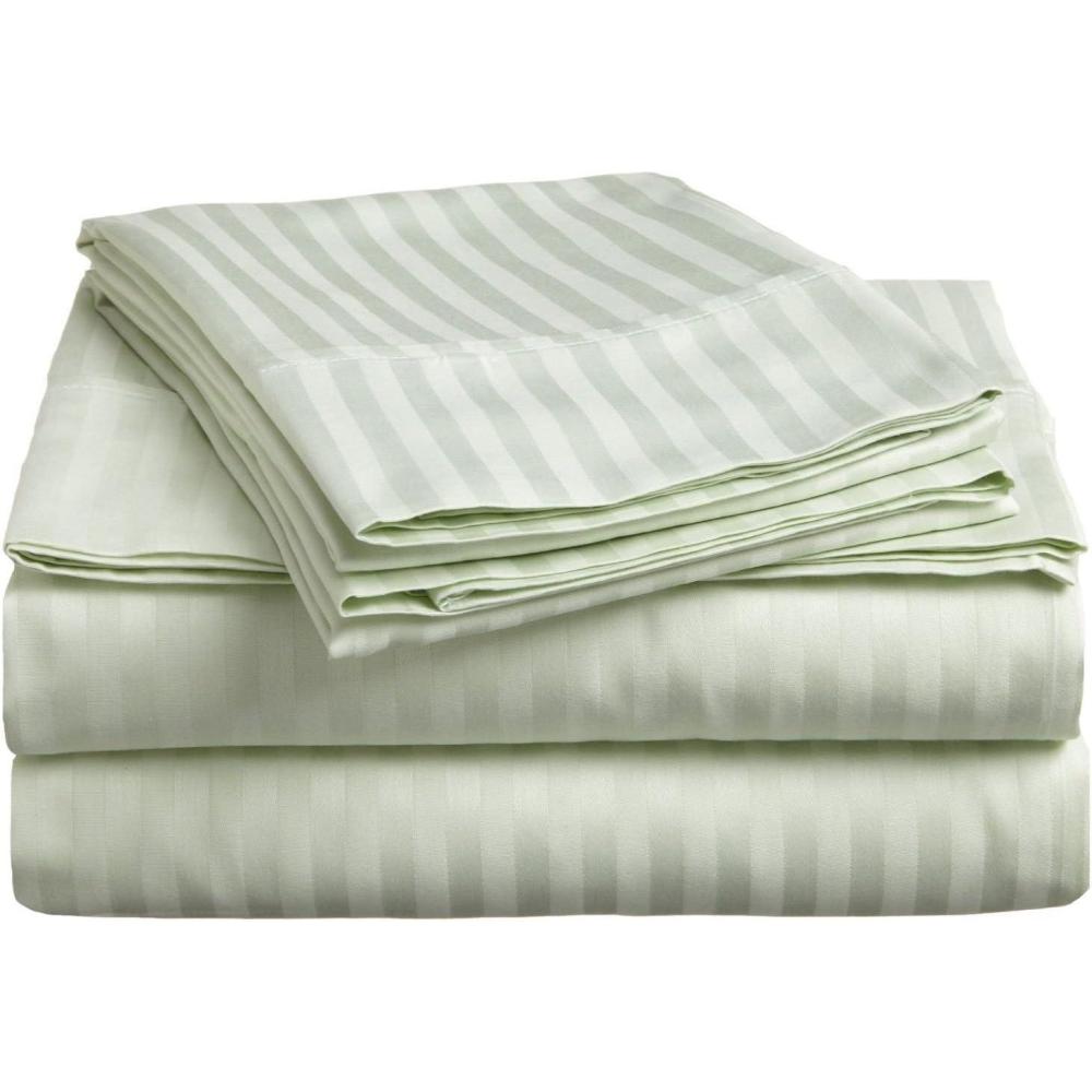 imageSuperior 300 Thread Count 100 Premium Combed Cotton 4Piece Bed Sheet Set Deep Pocket Single Ply Sateen Stripe Queen  Mint