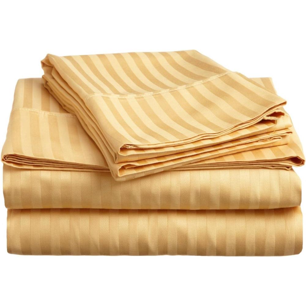 imageSuperior 300 Thread Count Combed Cotton 4Piece Bed Sheet Set Deep Pocket Single Ply Sateen Stripe Queen Waterbed  Gold