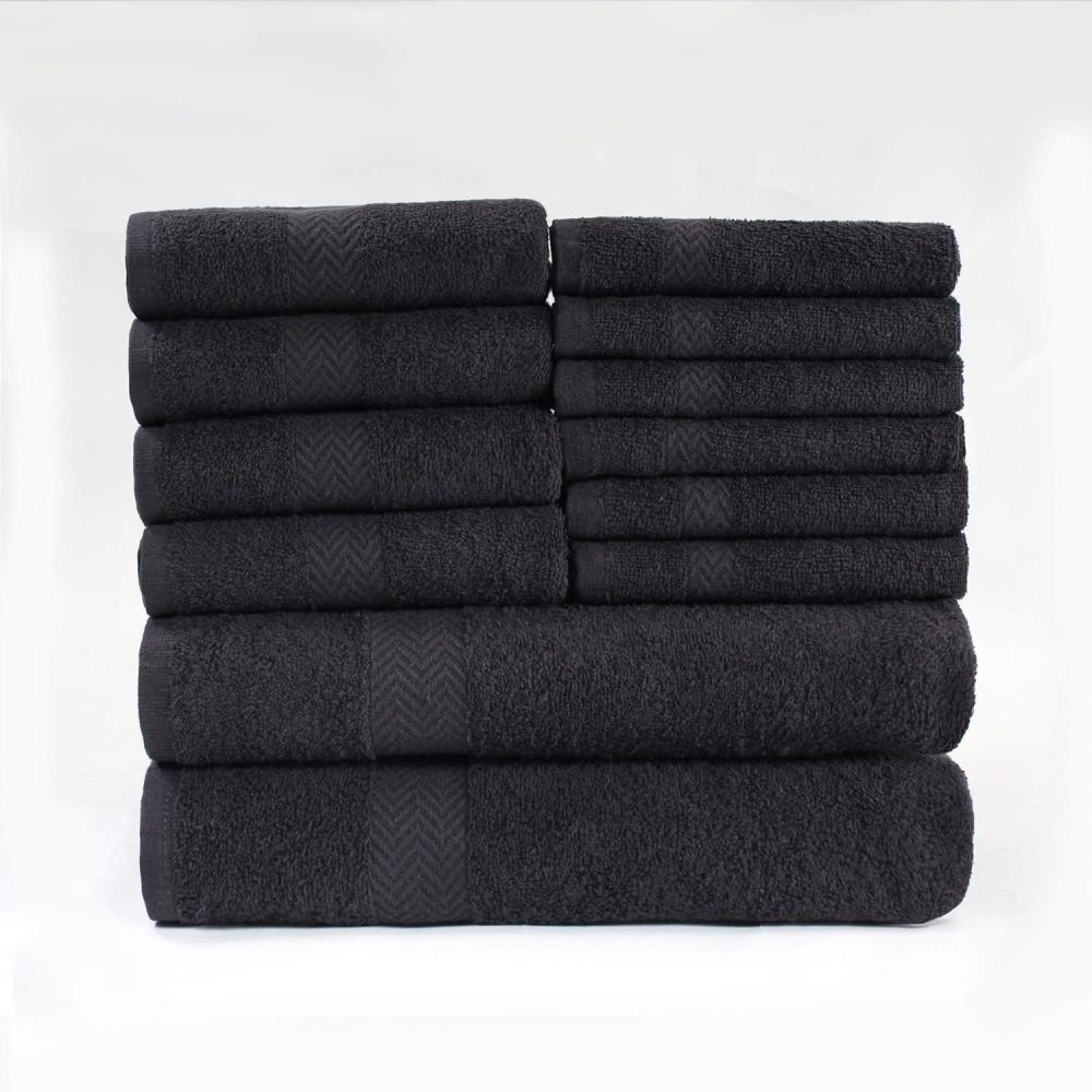 imageSuperior Bath Towels Set 12 Piece 100 Cotton Highly Absorbent Quick Drying Towels Premium Towels for Hotel Washcloths Bathroom 6 Face Towels 4 Hand Towels 2 Bath Towels Franklin Collection IvoryBlack