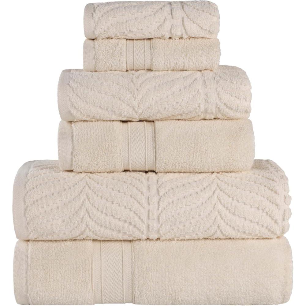 imageSuperior Cotton Chevron 6 Piece Assorted Towel Set Zero Twist Quick Dry Home Essentials Shower Spa Luxury Plush Soft Absorbent Towels Includes 2 Bath 2 Hand 2 WashclothFace Towels Ivory