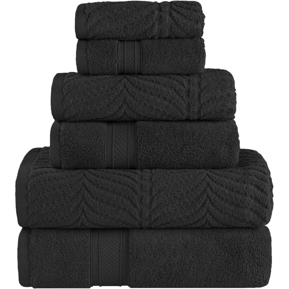 imageSuperior Cotton Chevron 6 Piece Assorted Towel Set Zero Twist Quick Dry Home Essentials Shower Spa Luxury Plush Soft Absorbent Towels Includes 2 Bath 2 Hand 2 WashclothFace Towels Black