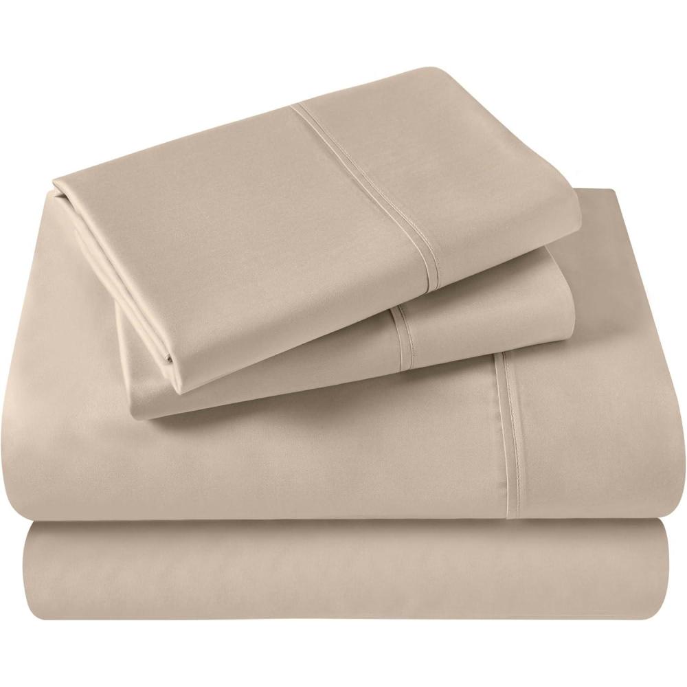 imageSuperior Egyptian Cotton 400 Thread Count Bed Sheet Set 1 Elastic Deep Pocket Fitted Sheet 1 Flat Sheet 1 Pillowcase Soft Bedding Luxury Sheets Sateen Weave Twin Size WhiteTan