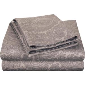 SUPERIOR Cotton Blend Bed Sheet Set, Italian Paisley Design, Includes 1 Fully Elastic Deep Pocket Fitted Sheet, 1 Flat Sheet, 2 Pillowcases, Sateen Weave, Full, Grey(Dark Grey)