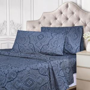 SUPERIOR Cotton Blend Bed Sheet Set, Italian Paisley Design, Includes 1 Fully Elastic Deep Pocket Fitted Sheet, 1 Flat Sheet, 2 Pillowcases, Sateen Weave, Full, Grey(Dark Grey – Z)