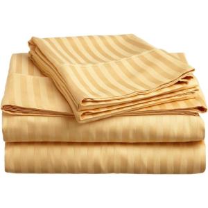 Superior 300 Thread Count Combed Cotton, 4-Piece Bed Sheet Set, Deep Pocket, Single Ply, Sateen Stripe, Queen Waterbed – Gold