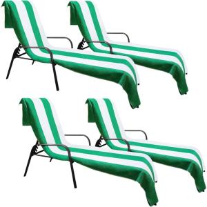 Superior Cabana Cotton Lounge Chair Cover, Outdoor Towel/Chaise Furniture Covers, Terry Cloth, Beach, Spa, Swim Accessories, Pool Chair Cover, Soft, Quick Drying, 32″ x 102″, Light Grey(Dark Green)
