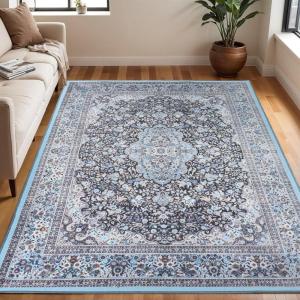 Superior Indoor Area Rug, Cotton Backing, Classic Floral Medallion Rugs for Kitchen Floors, Office, Soft Floor Cover, Modern Home Decor, Fiorella Collection, 5′ 7″ x 8′ 9″, Azure