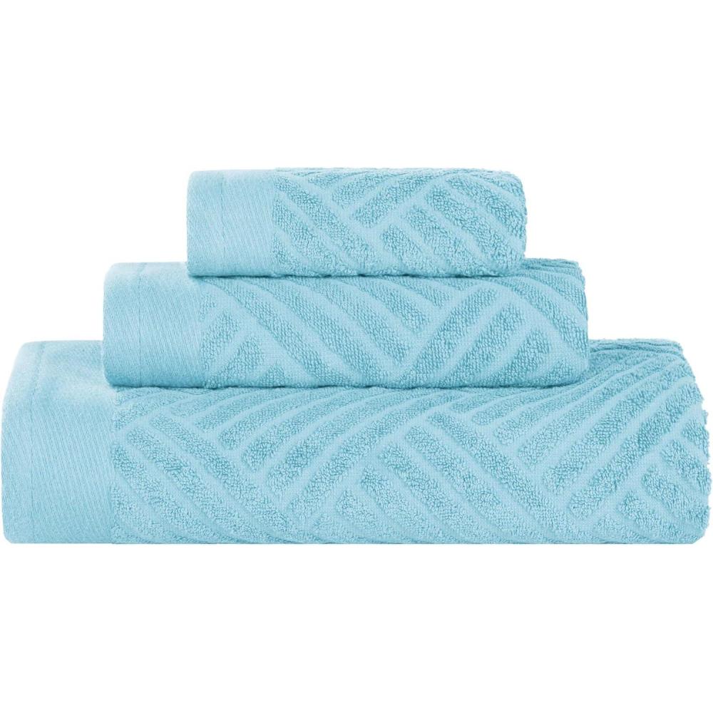 imageSuperior Basketweave Egyptian Cotton 3 Piece Towel Set Highly Absorbent Spa Basics Home Essentials Jacquard Border Solid Towels Includes 1 Bath Towel 1 Hand Towel 1 Face Towel Majestic PurpleSky Blue