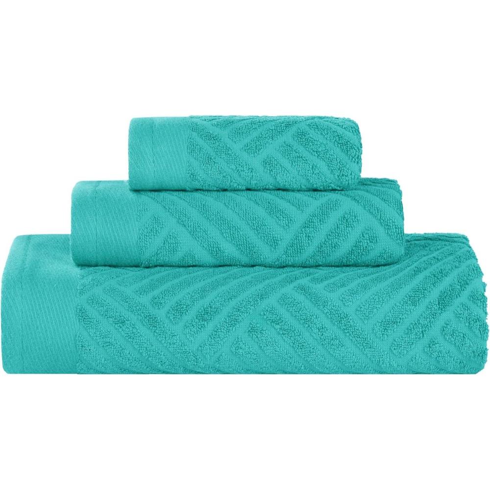imageSuperior Basketweave Egyptian Cotton 3 Piece Towel Set Highly Absorbent Spa Basics Home Essentials Jacquard Border Solid Towels Includes 1 Bath Towel 1 Hand Towel 1 Face Towel Majestic PurpleTurquoise
