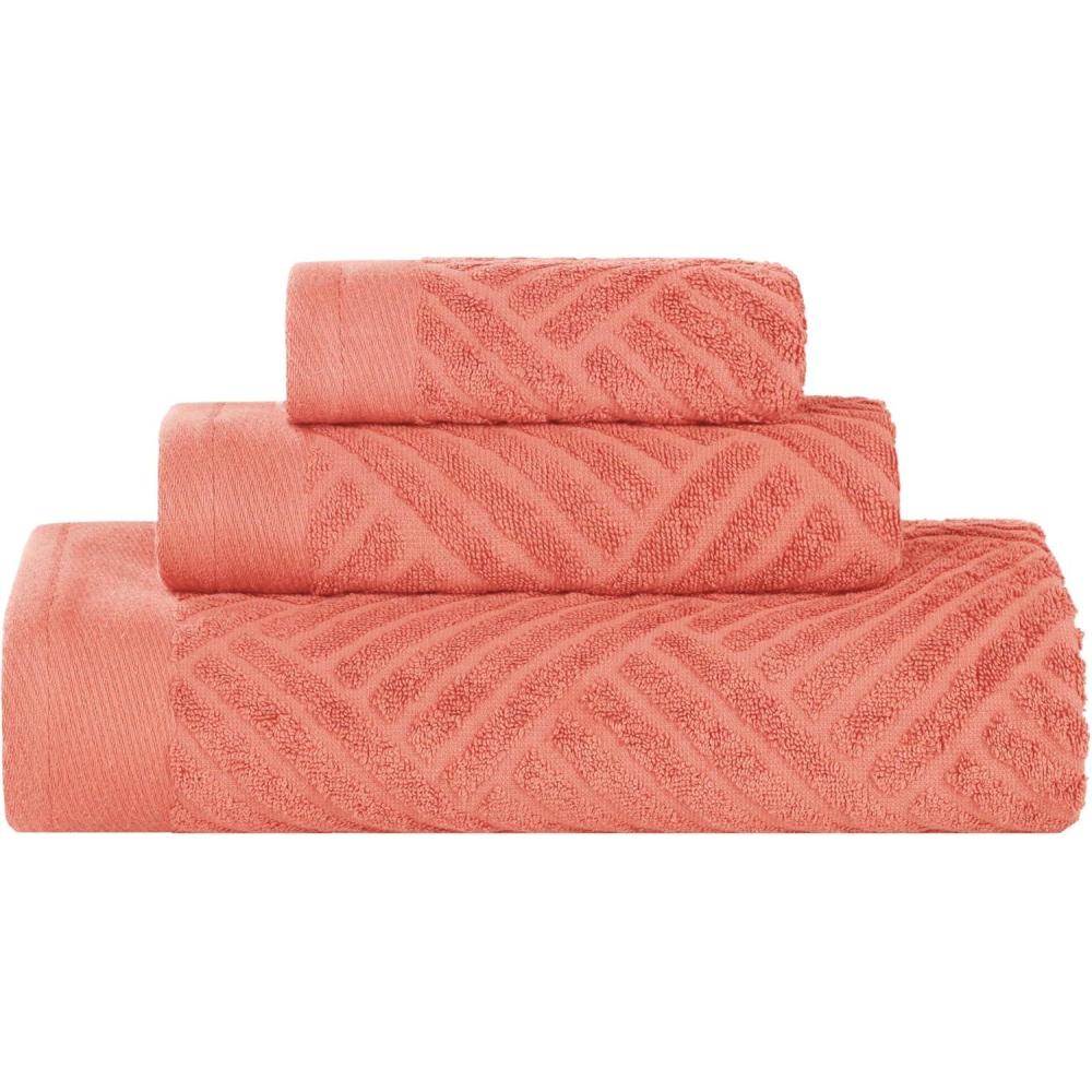 imageSuperior Basketweave Egyptian Cotton 3 Piece Towel Set Highly Absorbent Spa Basics Home Essentials Jacquard Border Solid Towels Includes 1 Bath Towel 1 Hand Towel 1 Face Towel Majestic PurpleCoral
