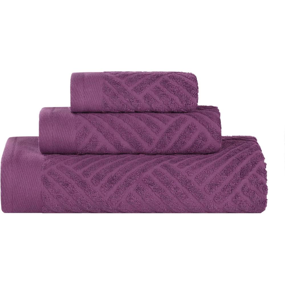 imageSuperior Basketweave Egyptian Cotton 3 Piece Towel Set Highly Absorbent Spa Basics Home Essentials Jacquard Border Solid Towels Includes 1 Bath Towel 1 Hand Towel 1 Face Towel Majestic PurpleMajestic Purple