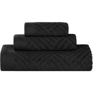 Superior Basketweave Egyptian Cotton 3 Piece Towel Set, Highly Absorbent, Spa Basics, Home Essentials, Jacquard Border, Solid Towels Includes; 1 Bath Towel, 1 Hand Towel, 1 Face Towel, Majestic Purple(Black)