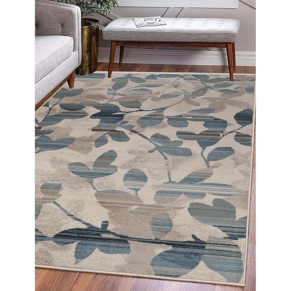 imageSuperior Indoor Large Area Rug Leaf and Vine Modern Throw Decor for Bedroom Living Room KitchenDining Office Entryway Hardwood Floor Jute Backed Mahonia Collection 5x8 CreamBlue