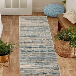 Superior Indoor Large Area Rug, Pastel Striped Design, Decor for Bedroom, Living Room, Kitchen, Entryway, Office, Dining, Laundry, Dorm, Floor Throw, Jute Backing, Montauk Collection, 2′ 7″ x 8′, Blue