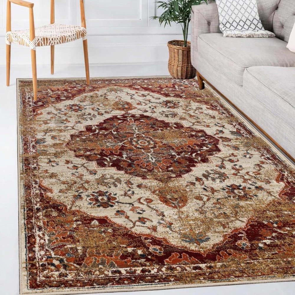 imageSuperior Indoor Area Rug Jute Backing Plush Medallion Rugs for Dining Family Kitchen Office Floor Traditional Home Decor Abena Collection 5 x 8 CreamRust