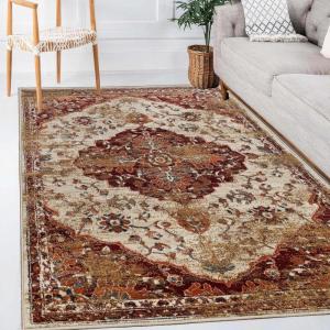 Superior Indoor Area Rug, Jute Backing, Plush Medallion Rugs for Dining, Family, Kitchen, Office Floor, Traditional Home Decor, Abena Collection, 5′ x 8′, Cream/Rust