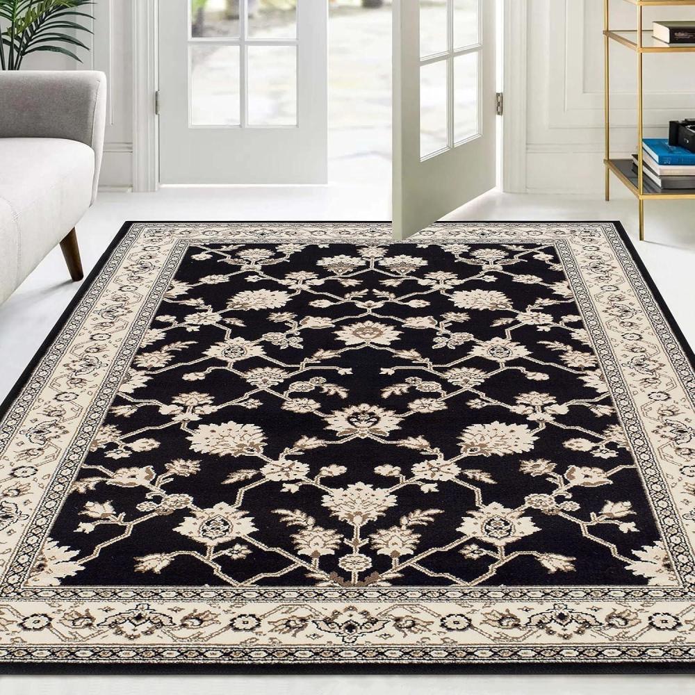 imageSuperior Indoor Area Rug Jute Backing Traditional Rugs for Entry Kitchen Floors Plush Floor Cover Floral Scroll Border Rugs Kingfield Collection 5 x 8 Black