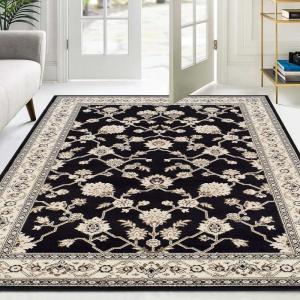 Superior Indoor Area Rug, Jute Backing, Traditional Rugs for Entry, Kitchen Floors, Plush Floor Cover, Floral Scroll Border Rugs, Kingfield Collection, 5′ x 8′, Black
