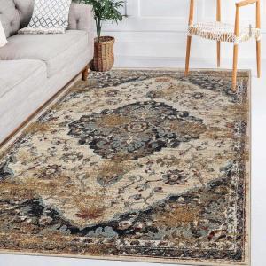 Superior Indoor Large Area Rug, Traditional Medallion, Jute Backed Rugs for Home, Entryway, Bedroom, Office, Kitchen, Dorm, Hardwood Floor, Living Room, Abena Collection, 5′ x 8′, Blue-Cream(Beige Brown)