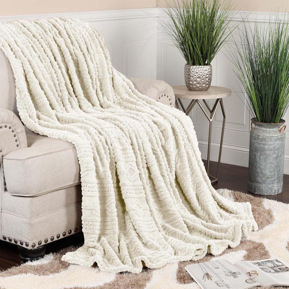 imageSuperior Fleece Boho Jacquard Blanket Decorative Blankets for Bedroom Sofa Fuzzy Plush Fluffy Soft Cute Room Decor Beautiful Cover Comfort Essentials Arctic Collection King Navy BlueIvory