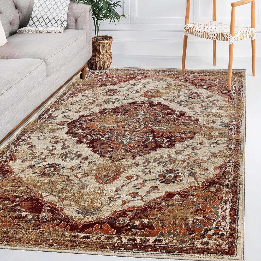 imageSuperior Indoor Large Area Rug Traditional Medallion Jute Backed Rugs for Home Entryway Bedroom Office Kitchen Dorm Hardwood Floor Living Room Abena Collection 8 x 10 RustCream