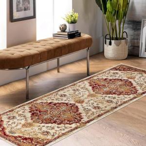 Superior Indoor Runner Rug, Jute Backing, Plush Medallion Rugs for Hallway, Kitchen, Office Floor, Traditional Home Decor, Abena Collection, 2′ 7″ x 8′, Cream/Rust