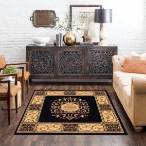 Superior Indoor Area Rug, Plush Carpet Cover, Traditional Oriental Medallion, Perfect for Hallway, Entryay, Living, Dining, Bedroom, Office, Kitchen, Medallion Collection, 5′ Round, Toffee(Midnight Blue)
