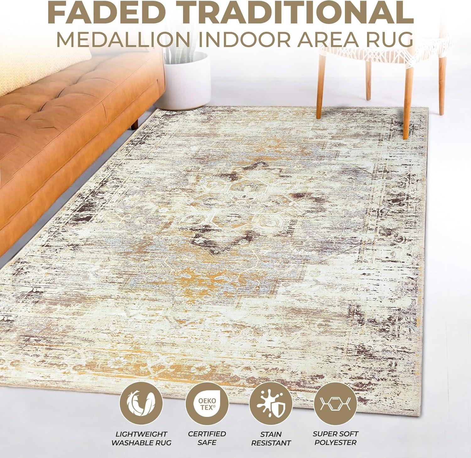 imageSuperior Vintage Medallion Washable Runner Rug Cotton Backing Carpet for Dining Table Mud Room Rug for Hallway Living Room Bedroom Low Pile Area Rug Dove Collection 2 7 x 10 Ivory