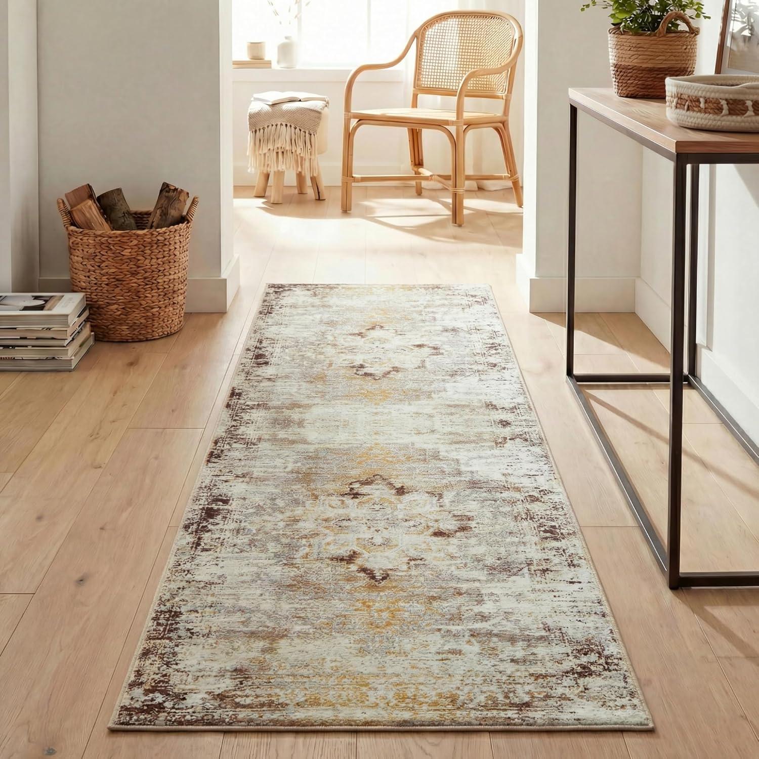 imageSuperior Vintage Medallion Washable Runner Rug Cotton Backing Carpet for Dining Table Mud Room Rug for Hallway Living Room Bedroom Low Pile Area Rug Dove Collection 2 7 x 10 Ivory