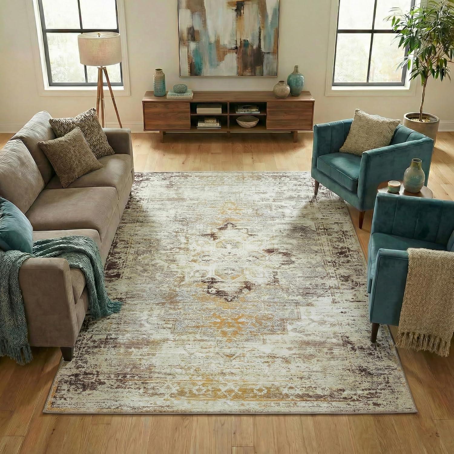 imageSuperior Vintage Medallion Washable Runner Rug Cotton Backing Carpet for Dining Table Mud Room Rug for Hallway Living Room Kitchen Bedroom Low Pile Area Rug Dove Collection 6 x 9 Ivory