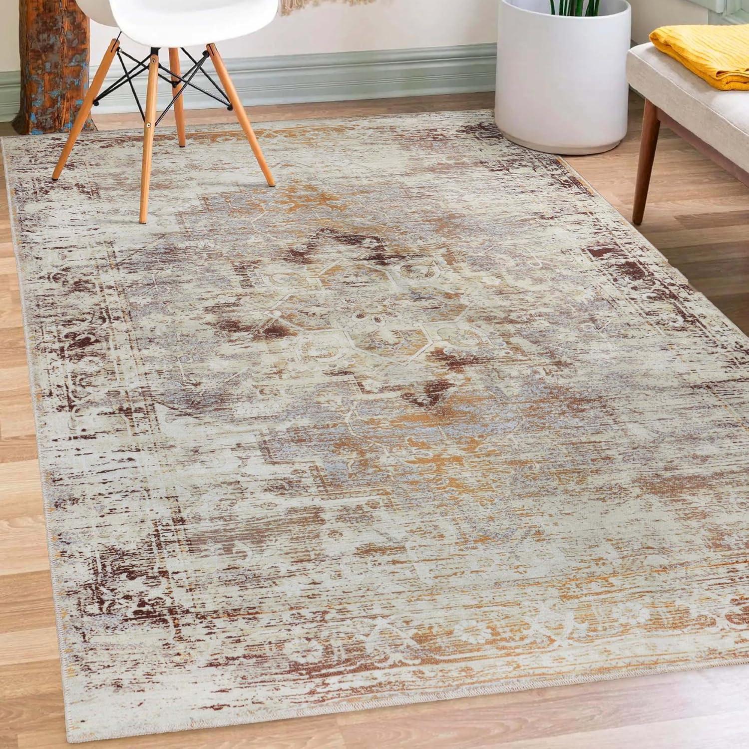 imageSuperior Vintage Medallion Washable Runner Rug Cotton Backing Carpet for Dining Table Mud Room Rug for Hallway Living Room Kitchen Bedroom Low Pile Area Rug Dove Collection 3 x 5 Ivory