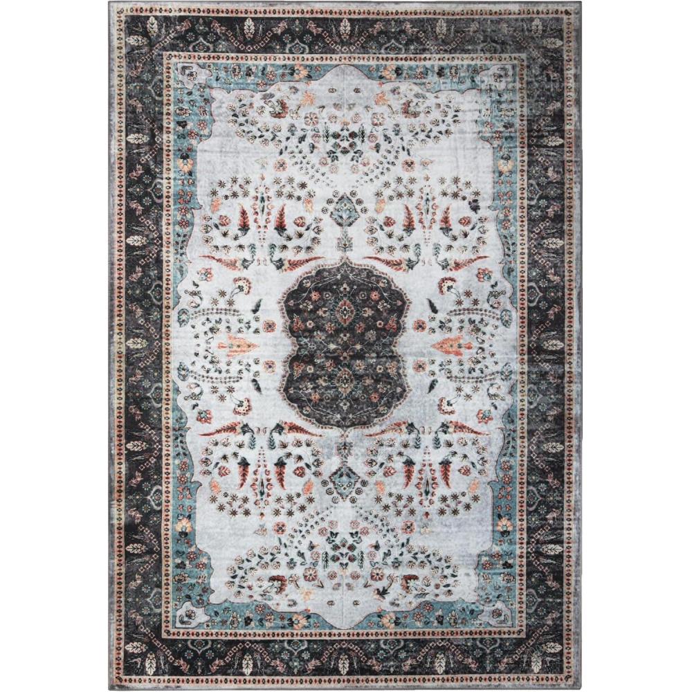 imageSuperior Medallion Indoor Washable Runner Rug Cotton Backing Carpet for Dining Table Mud Room NonSlip Rug for Hallway Kitchen Low Pile Area Rug Sparrow Collection 5 x 7 Ivory