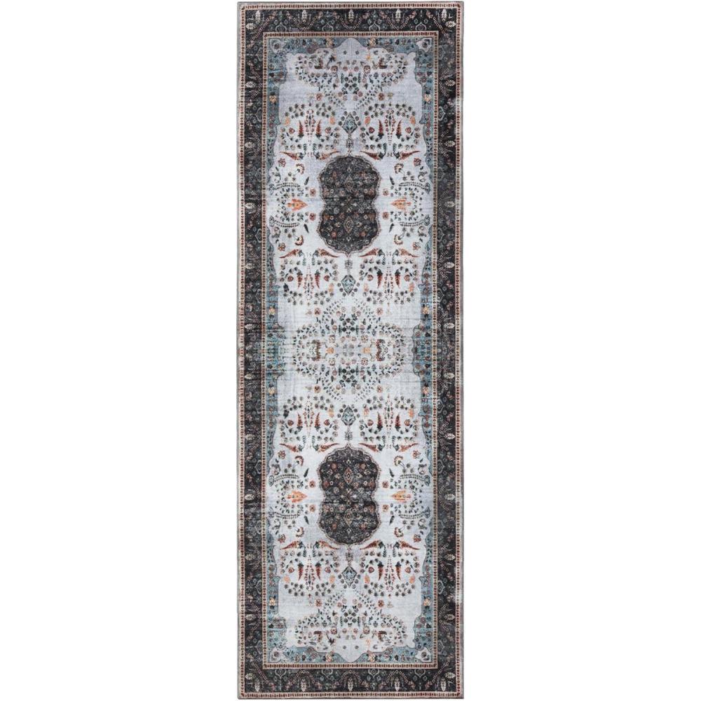 imageSuperior Medallion Indoor Washable Runner Rug Cotton Backing Carpet for Dining Table Mud Room NonSlip Rug for Hallway Kitchen Low Pile Area Rug Sparrow Collection 2 7 x 12 Ivory