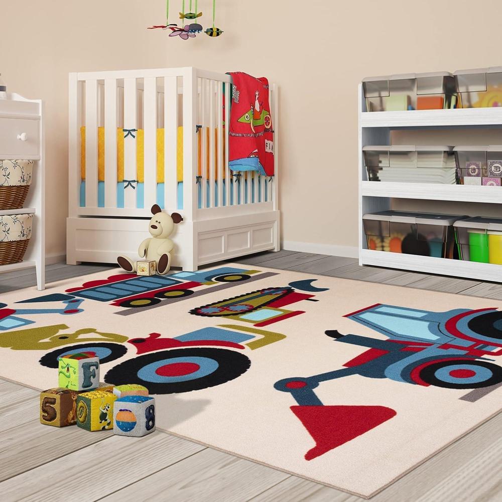 imageSuperior Indoor Kids Rug Washable NonSlip Toddlers amp Babies Perfect for High Traffic Playroom Kids Room or Bedroom Trucking Collection Perfect for Daycare Ivory Multicolor 5 x 8