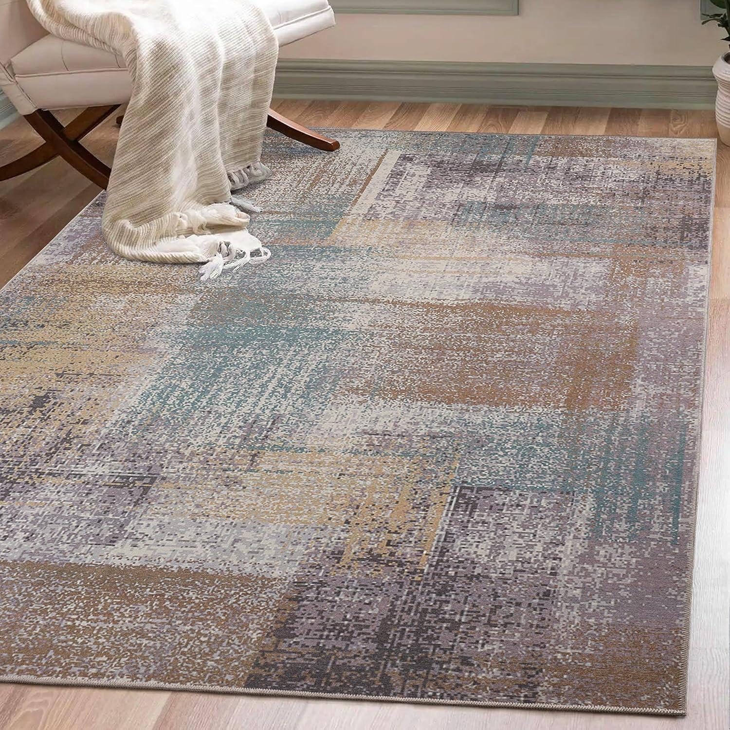 imageSuperior Patchwork Washable Rug Cotton Backing Carpet for Dining Table Mud Room Easy Care NonSlip Rug for Family Dining Low Pile Area Rug Ara Collection 4 x 6 TaupeTaupe
