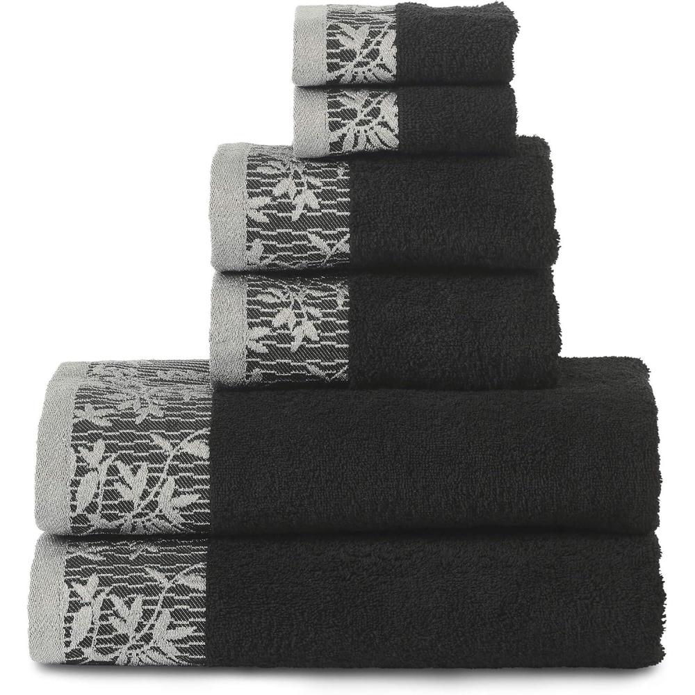 imageSuperior Cotton Embroidered Assorted 6Piece Towel Set Washcloths Hand Towels Bath Towels Black