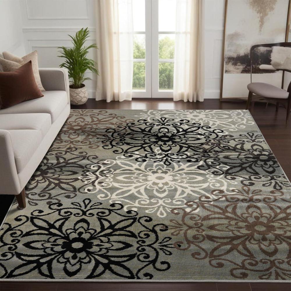 imageSuperior Indoor Area Rug Jute Backed Perfect for Entryway Office LivingDining Room Bedroom Kitchen Hardwood Floor Floral Scroll Decor Leigh Collection 5 x 8 BrownBlue