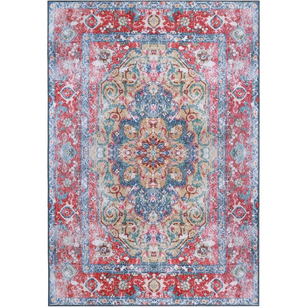 imageSuperior Patchwork Washable Rug Cotton Backing Carpet for Dining Table Mud Room Easy Care NonSlip Rug for Family Dining Low Pile Area Rug Ara Collection 4 x 6 TaupeB Red