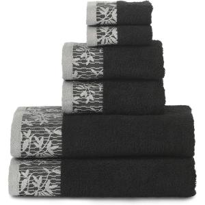 Superior Cotton Embroidered Assorted 6-Piece Towel Set, Washcloths, Hand Towels, Bath Towels, Black