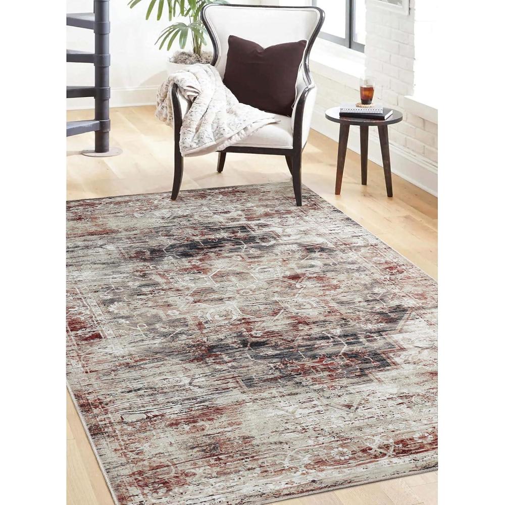 imageSuperior Damask Medallion Indoor Washable Rug Cotton Backing Carpet for Dining Table Mud Room Easy Care NonSlip Rug for Entry Kitchen Low Pile Area Rug Jay Collection 4 x 6 BlueCanary  Cream