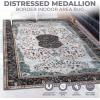 Superior Damask Medallion Indoor Washable Rug, Cotton Backing, Carpet for Dining Table Mud Room, Easy Care, Non-Slip Rug for Entry, Kitchen, Low Pile Area Rug, Jay Collection, 4′ x 6′, Blue(Sparrow – Cream)