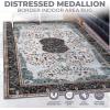 Superior Damask Medallion Indoor Washable Rug, Cotton Backing, Carpet for Dining Table Mud Room, Easy Care, Non-Slip Rug for Entry, Kitchen, Low Pile Area Rug, Jay Collection, 4′ x 6′, Blue(Sprw – Ivory)