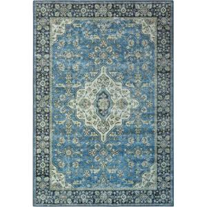 Superior Damask Medallion Indoor Washable Rug, Cotton Backing, Carpet for Dining Table Mud Room, Easy Care, Non-Slip Rug for Entry, Kitchen, Low Pile Area Rug, Jay Collection, 4′ x 6′, Blue(Blue)