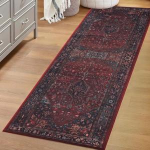 Superior Damask Medallion Indoor Washable Rug, Cotton Backing, Carpet for Dining Table Mud Room, Easy Care, Non-Slip Rug for Entry, Kitchen, Low Pile Area Rug, Jay Collection, 4′ x 6′, Blue(Cardinal – Red)