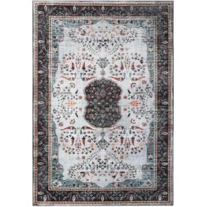 Superior Damask Medallion Indoor Washable Rug, Cotton Backing, Carpet for Dining Table Mud Room, Easy Care, Non-Slip Rug for Entry, Kitchen, Low Pile Area Rug, Jay Collection, 4′ x 6′, Blue(Sprw – Ivory)