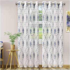 Superior Embroidered Elegant Scroll Sheer Curtains, Window Accents, Modern, Transtitional, Rustic, Bohemian, Diamond, Geometric, Lattice with Grommets, Curtain Set of 2 Panels, 52″ X 84″, Ivory(Blue)