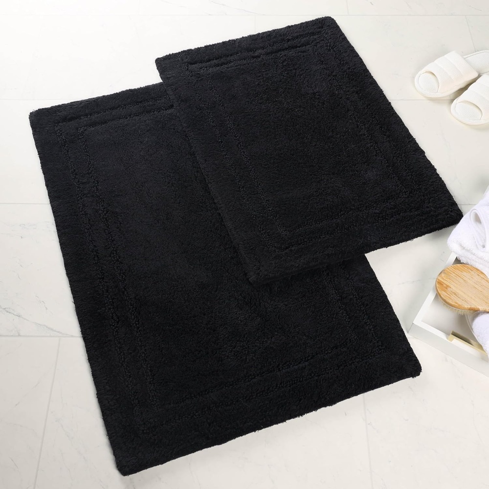 image:imageSuperior NonSlip 2 Piece Bath Rug Set Ultra Plush Soft and Absorbent 100 Combed Cotton Pile  Traditional Oval Bath Mat Set Forest GreenBlack