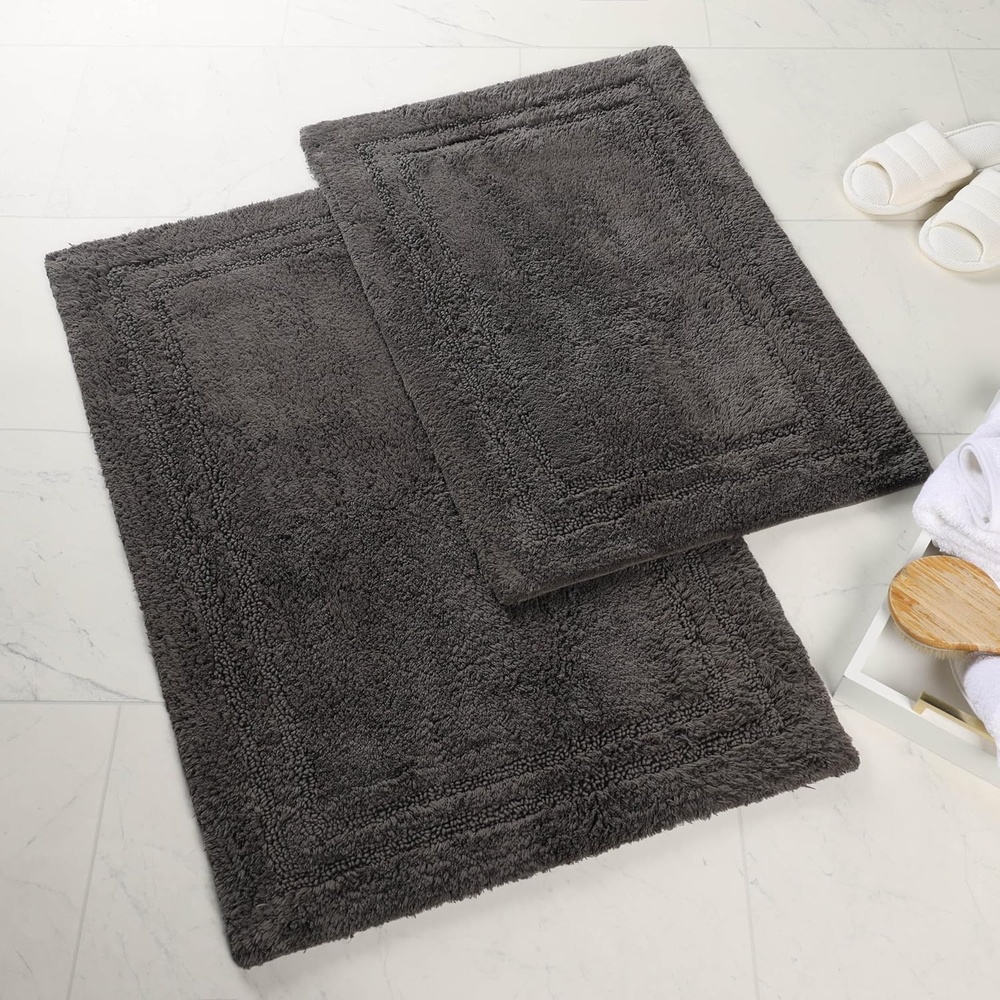 image:imageSuperior NonSlip 2 Piece Bath Rug Set Ultra Plush Soft and Absorbent 100 Combed Cotton Pile  Traditional Oval Bath Mat Set Forest GreenCharcoal